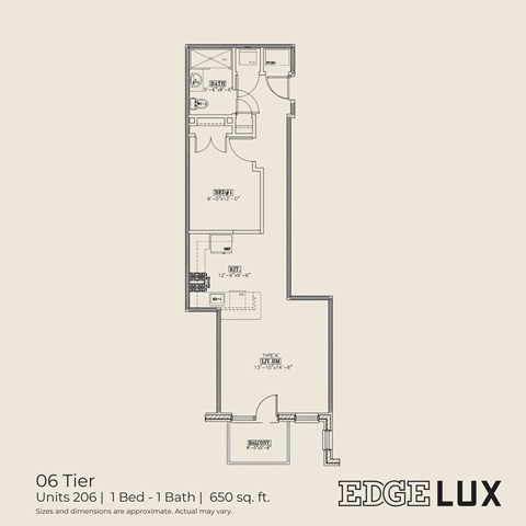 Floor plan for 1 bed, 1 bath, 650 sqft